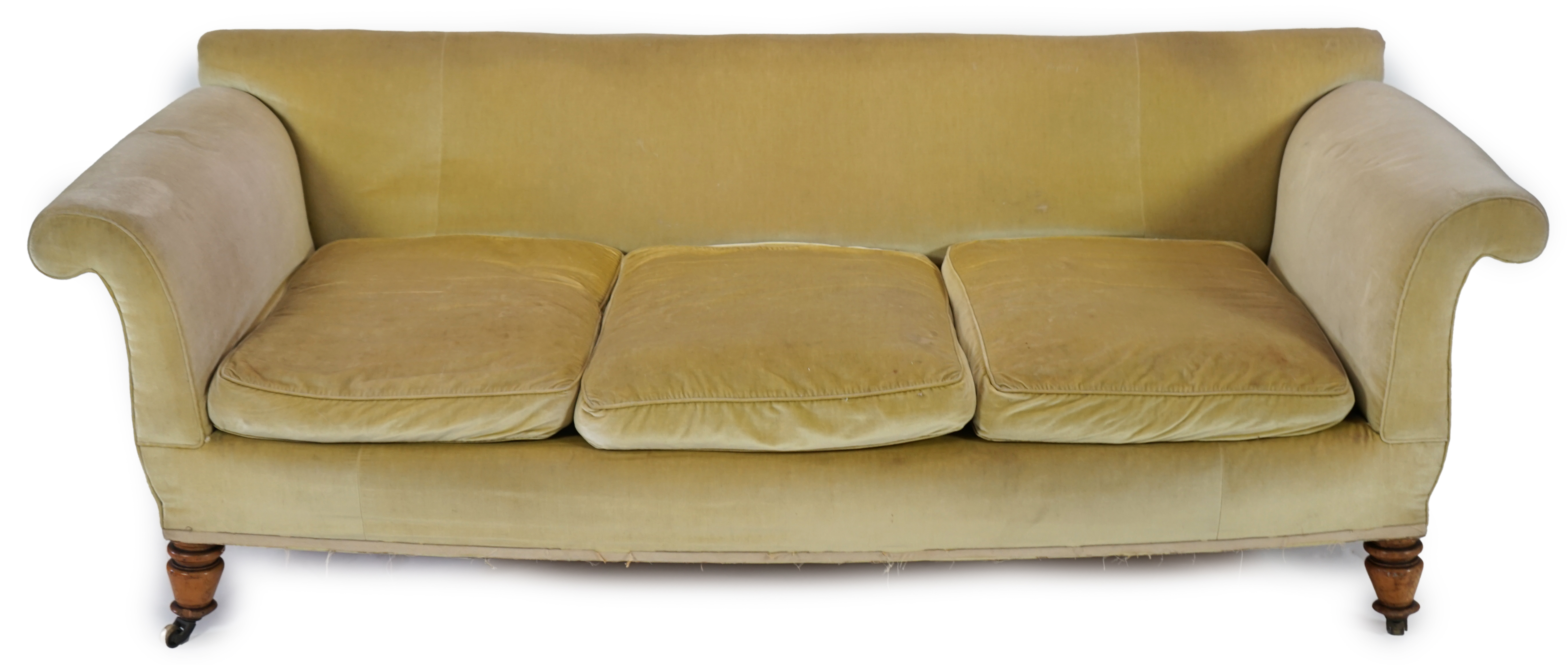 A large Victorian sofa, in the manner of Howard & Sons, probably Cuban mahogany with an English beech frame